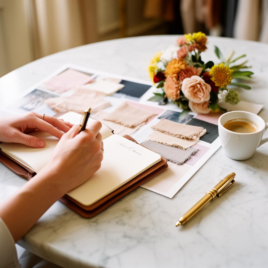 Moodboard con campioni di tessuto, bouquet stagionale, taccuino in pelle e penna dorata su tavolo di marmo in un atelier wedding